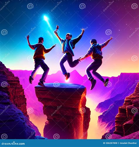 Hikers Jumping Over A Cliff In The Desert 3d Rendering Generative Ai