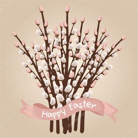 Cartoon Pussy Willow Bouquet With Pink Ribbon Easter Card Stock Vector