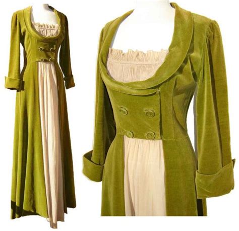 Vintage 40s Dress Lounging Hostess Gown Green Velvet Regency Style S Xs