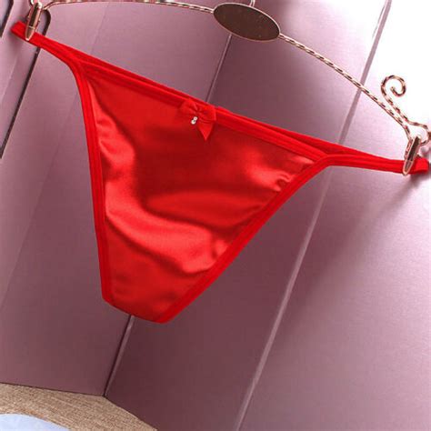 Women Satin Sexy Panties G String Thong Low Waist Pearl Bowknot