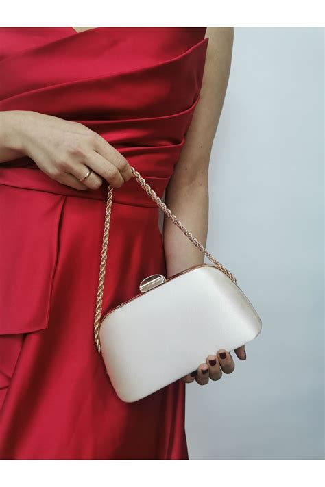 NAZART Kadın Saten Ten Nude Abiye Clutch Portföy Zincir Askılı El Düğün