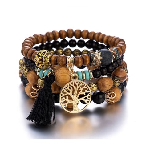 Houten Kralen Set Van Armbanden Boom Van Het Leven Dames Armband