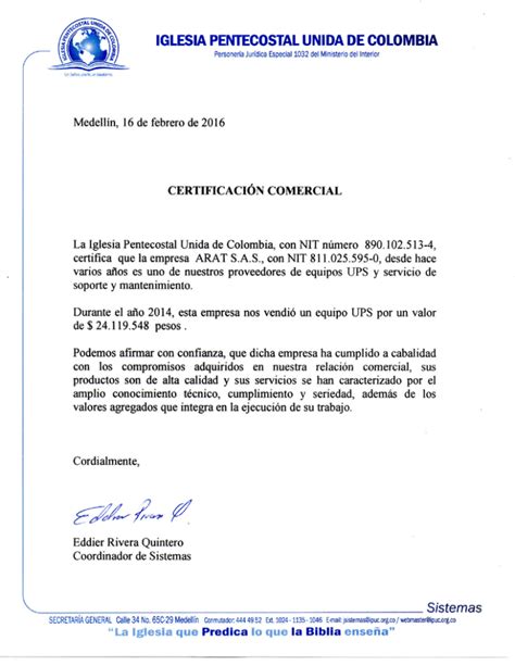 CERTIFICACIÓN COMERCIAL La Iglesia que Predica io que la