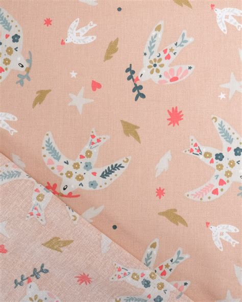 Tissu Coton Rose Nude Motif Colombe Coloré Mercerine