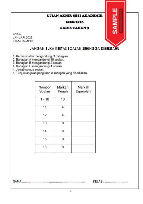 Set Kertas Ujian Akhir Sesi Akademik Uasa Sains Tahun Dwibahasa