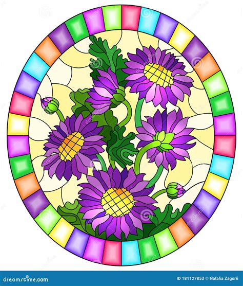 Stained Glass Illustration With Purple Flowers On A Yellow Background In A Bright Frame Oval