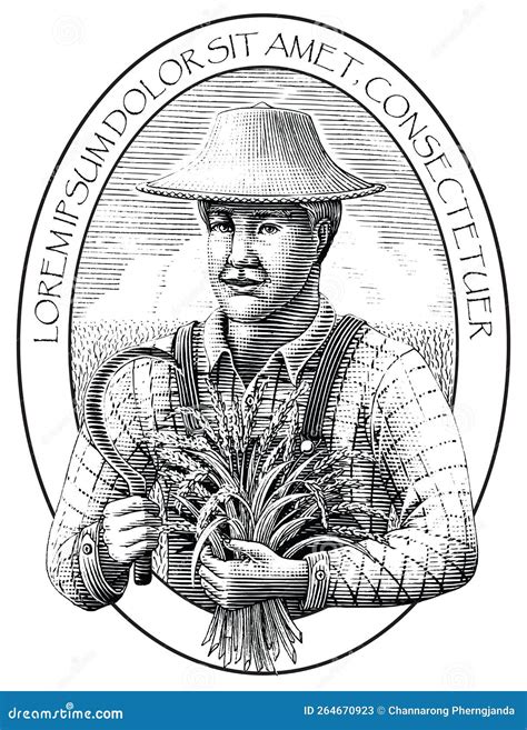 Farmer With Rice Hand Draw Vintage Engraving Style Black And White Clip