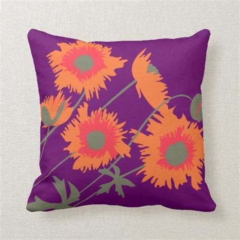Poppy Orange Green And Purple Throw Pillow Zazzle Purple Throw