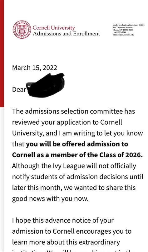 Cornell Admission Letter College Acceptance Letter College Vision