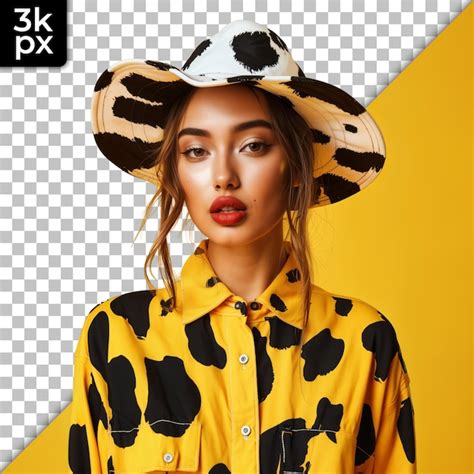 A Woman Wearing A Yellow Jacket With A Leopard Print On It Premium Ai