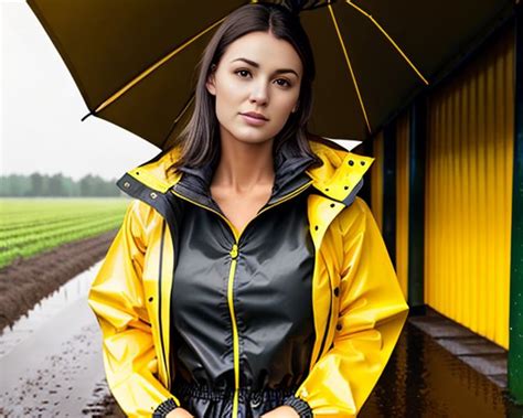 Brunette Woman In Black And Yellow Layered Rainwear Regenkleidung