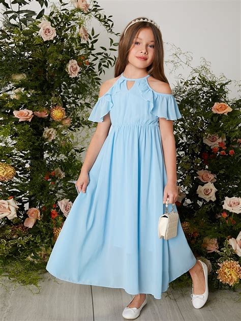 SHEIN Kids Nujoom Girls Keyhole Neck Cold Shoulder Ruffle Trim Chiffon ...