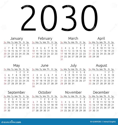 Simple 2030 Year Calendar Vector Illustration