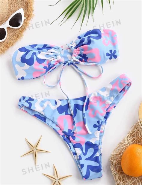 Floral Print Bandeau Bikini Women S Fashion Swimwear Bikinis Swimsuits On Carousell