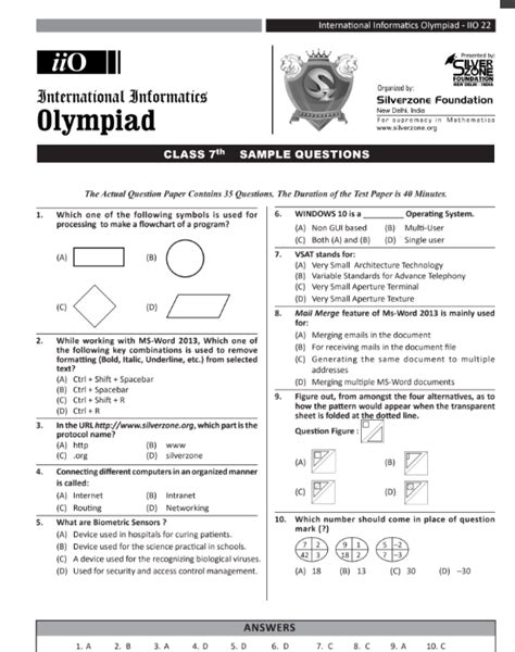 Official Class 7 Iio Cyber Olympiad Sample Question Paper Olympiad Tester