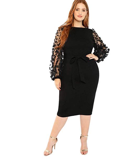 SheIn Women S Plus Elegant Mesh Contrast Appliques Sleeve Stretchy