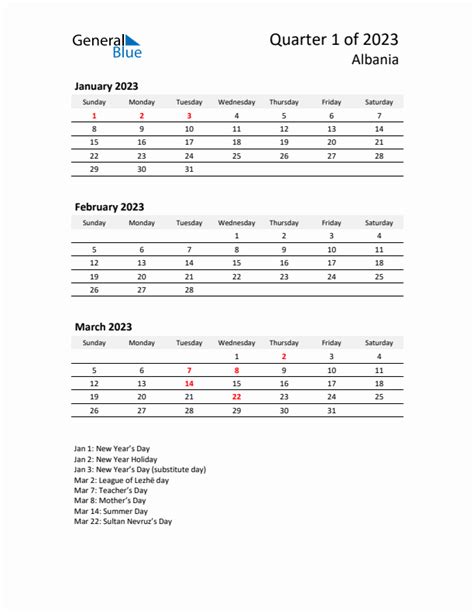 Q Quarterly Calendar With Albania Holidays Pdf Excel Word