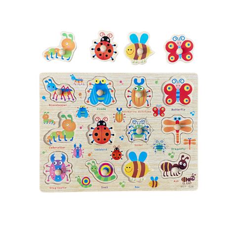 Puzzle Incastru Din Lemn Cu Maner Si 12 Insecte EvaWoodToys Ro