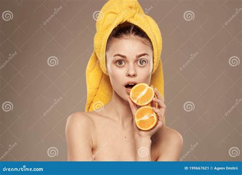 Pretty Woman Clipped Twigs Naked Shoulders Citrus Vitamins Cosmetics Stock Image Image Of