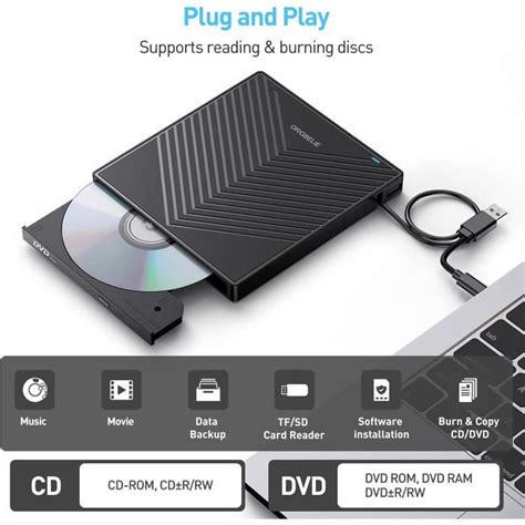 Origbelie Lecteur Cd Dvd Externe Plug Play Usb Type C Cd Dvd Rw