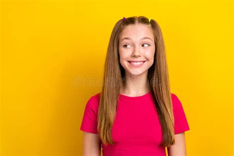 Photo Of Cute Optimistic Schoolgirl With Straight Hairstyle Wear Pink T