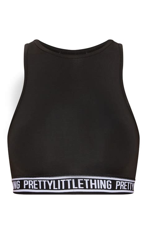 Plt Black Racer Neck Sports Crop Top Active Prettylittlething