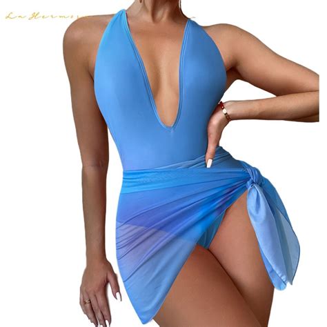 New Multicolor Sexy V Neck Skirt Mesh One Piece Swimsuit Bikini Blue Women Swimwear Wholesale