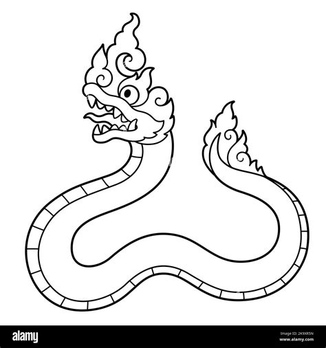 Thai Naga, legendary dragon serpent. Cartoon style black and white line ...