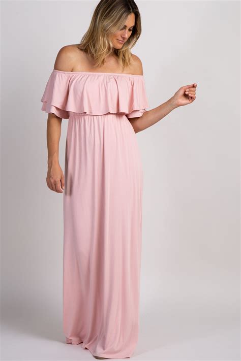 Pinkblush Light Pink Off Shoulder Ruffle Trim Maxi Dress