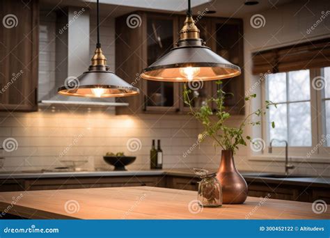 Detail Shot Of An Industrial Pendant Lighting Hanging Over A Kitchen