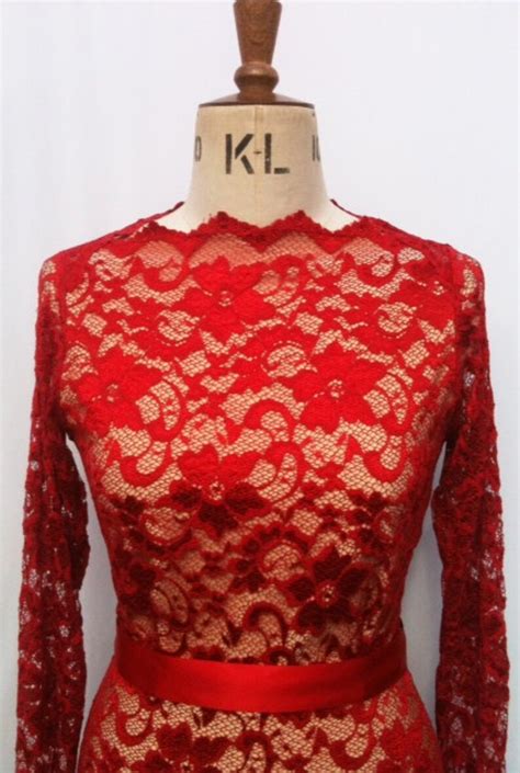 Baylis Knight Red Nude Lace Long Sleeve Slash Boat Neck Etsy