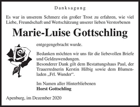 Traueranzeigen Von Marie Luise Gottschling Abschied Nehmen De