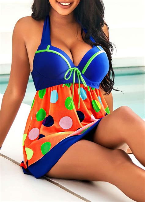 Rainbow Color Polka Dot Bowknot Halter Swimdress And Pantskirt