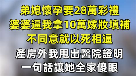 【完結文】弟媳懷孕要28萬彩禮，婆婆逼我拿10萬嫁妝填補，不同意就以死相逼，產房外我甩出醫院證明，一句話讓她全家傻眼 Youtube