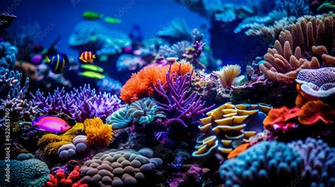 Colorful tropical coral reef with fish. Vivid multicolored corals in ...