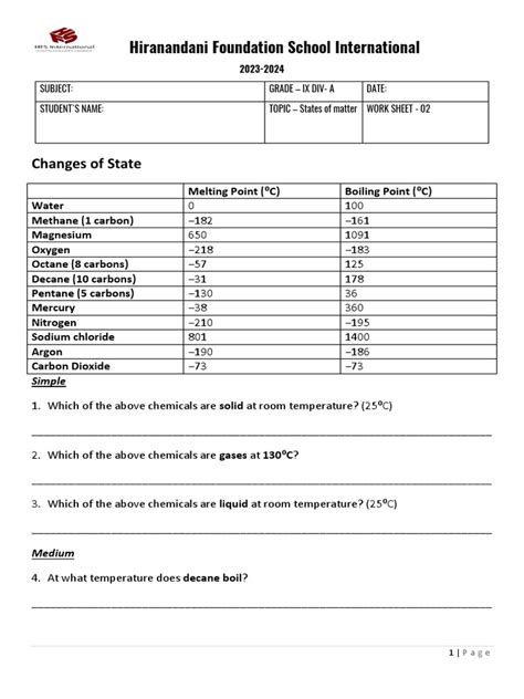 States of Matter Worksheet | PDF