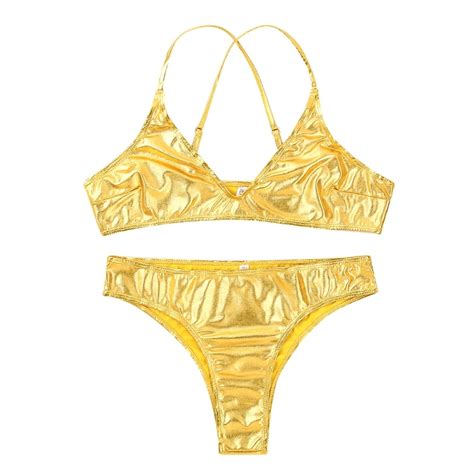 Sexy Bikinis Set Women Shiny Metallic Strappy Cross Bikini Beach Top With Low Rise Briefs