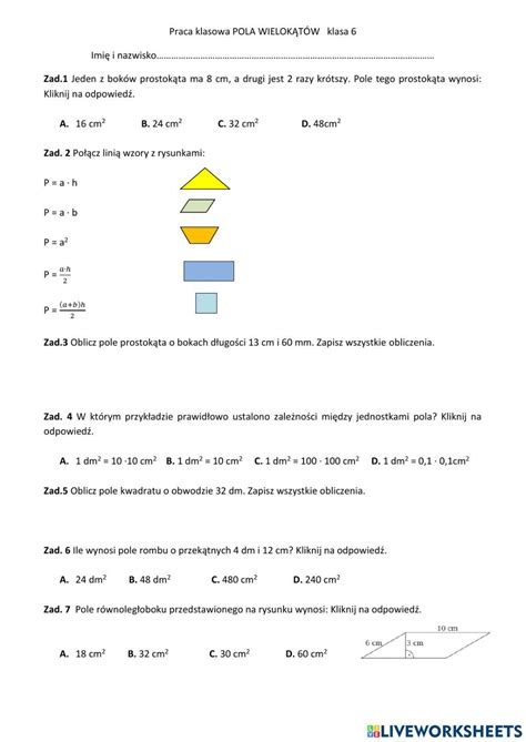 Sprawdzian Pola Wielok T W Kl Worksheet Workbook School Subjects