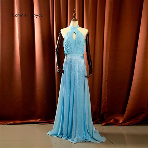 Lemonjoyce Sky Blue Sexy Evening Dress 2020 New Style Top Pleat Beading