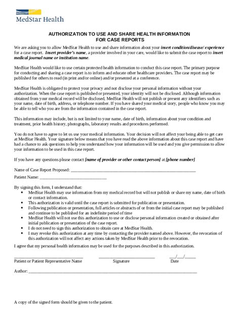 Authorization For Use Or Disclosure MedStar Health Doc Template