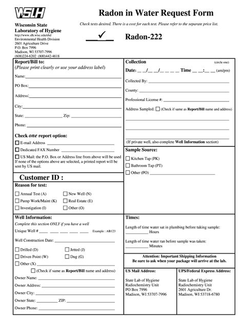 Fillable Online Slh Wisc Radon In Water Request Form Wisconsin State