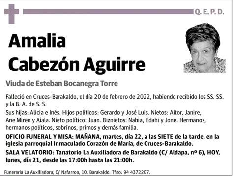 Amalia Cabez N Aguirre Esquela Necrol Gica El Correo