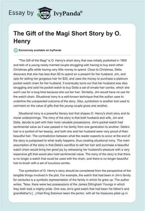 The Gift Of The Magi Short Story By O Henry 826 Words Essay Example