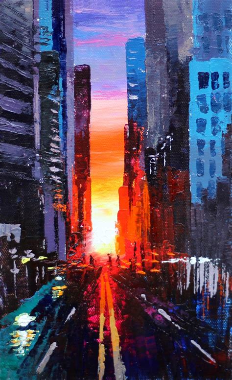 An Abstract Painting Of Cityscape At Sunset With Buildings In The