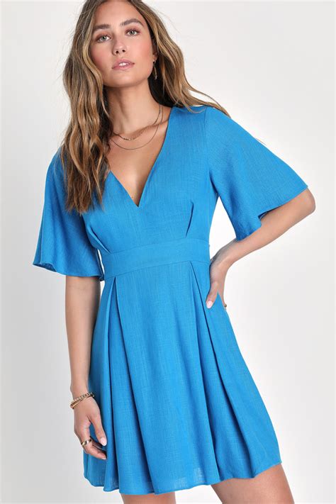 Blue Mini Dress Flutter Sleeve Dress Skater Dress Lulus