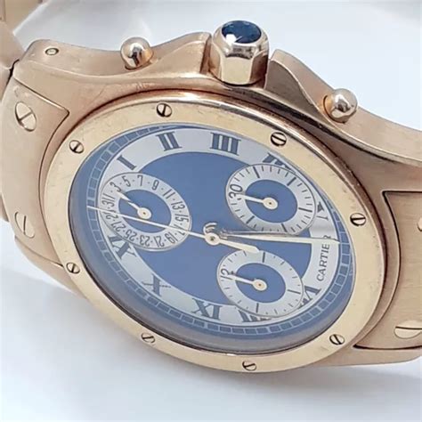 RARE CARTIER SANTOS Ronde 30 Mm Chronograph 18K Yellow Gold Blue Watch