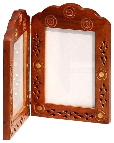 Hand Carved Mango Wood Hinged Double Photo Frame For 4x6 Pictures