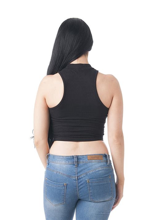 Sleeveless Ribbed Mock Neck Crop Top Khanomak