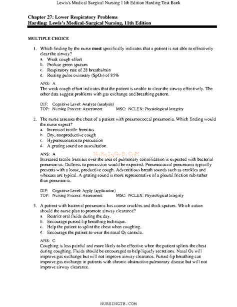 Test Bank For Chapter 27 Nursingtb Chapter 27 Lower Respiratory