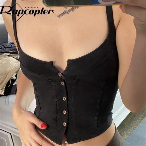 Jual Rapcopter Y2K Button Corset Top Patched Spaghetti Strap Crop Top